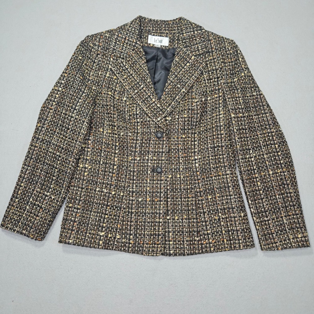 Le Suit VTG Style Tweed Blazer Skirt Set Brown Gold Plaid Sz 10 - Picture 2 of 14